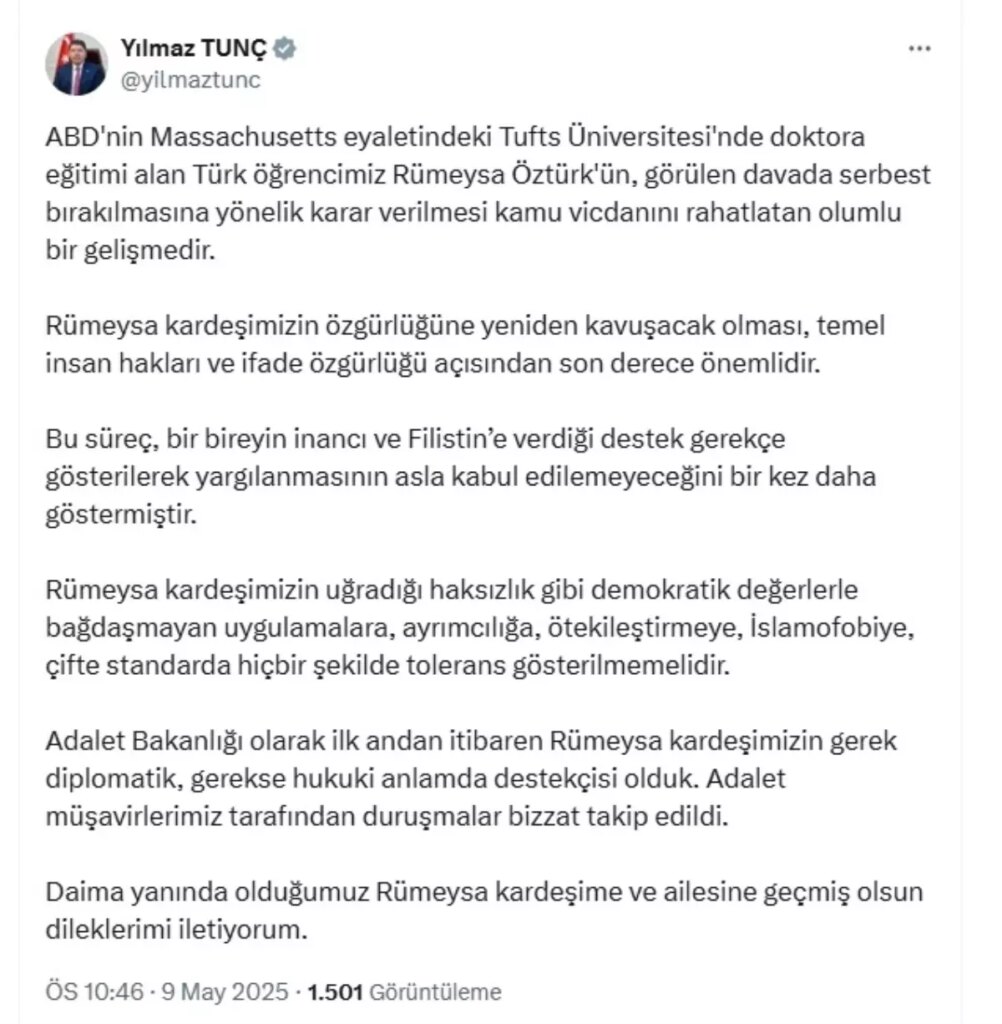 Adalet Bakanı Yılmaz Tunç’tan Önemli Açıklama: Rümeysa Öztürk’ün Serbest Bırakılması