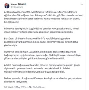 Adalet Bakanı Yılmaz Tunç’tan Önemli Açıklama: Rümeysa Öztürk’ün Serbest Bırakılması