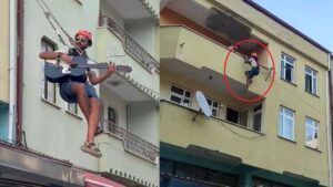 Öğrenci evine şarkıyla veda etti! Eşyaların taşındığı halatın üzerinde gitar şov yaptı